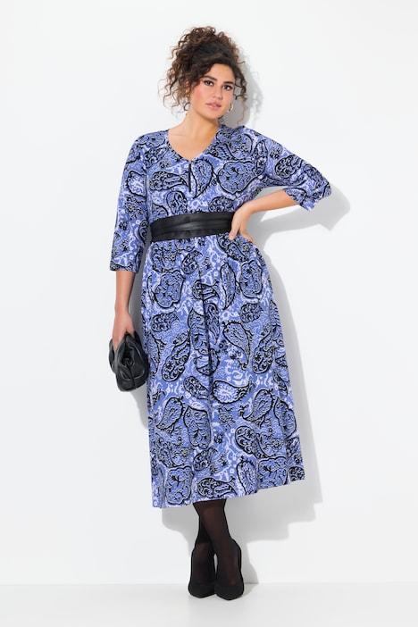 Paisley Zip Front 3/4 Sleeve Empire Knit Dress