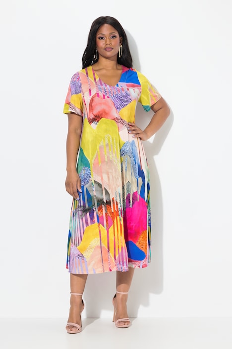 Abstract Print Short Sleeve V-Neck Slinky Dress