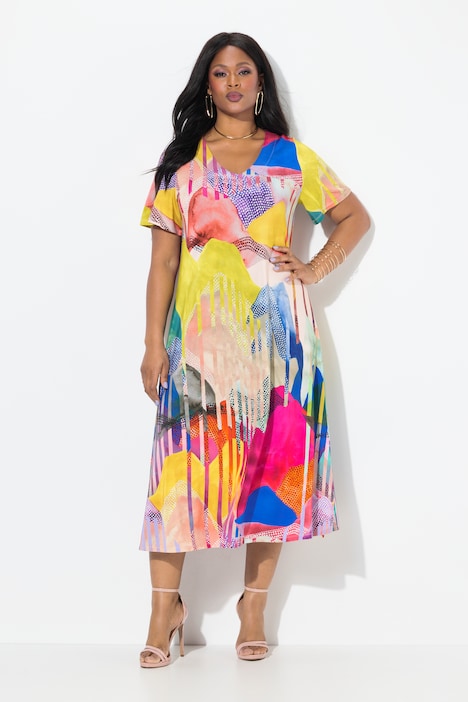 Abstract Print Short Sleeve V-Neck Slinky Dress