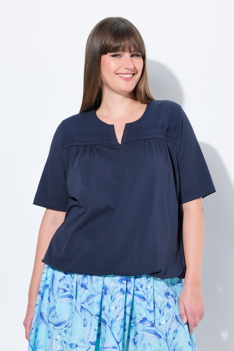 Short Sleeve Pleated Yoke Split Neck Tee