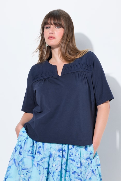 Short Sleeve Pleated Yoke Split Neck Tee