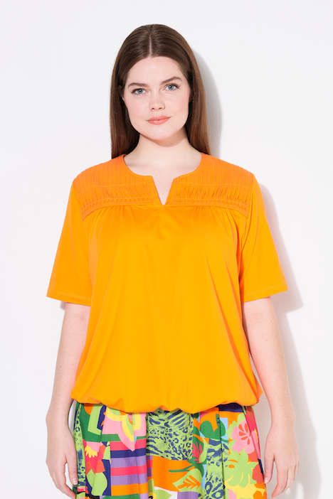 Short Sleeve Pleated Yoke Split Neck Tee