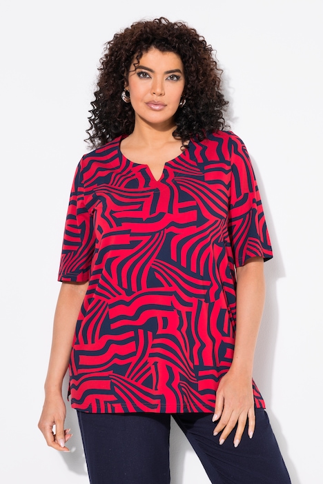 Abstract Print Split Neck Stretch-Fit Tee