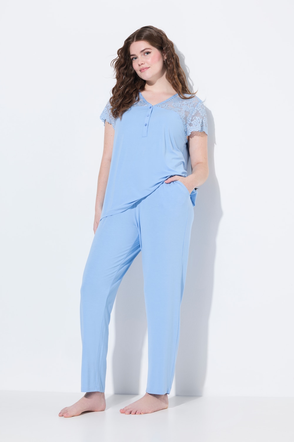 Pyjama, Spitze, V-Ausschnitt, Spitzen-Halbarm