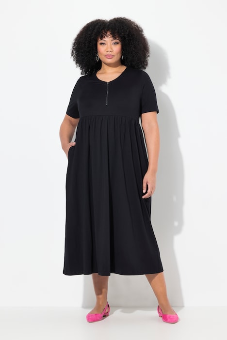 Zip Front Short Sleeve Swing Empire Knit Dress