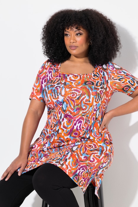 Abstract Floral Print Short Sleeve Knit Tunic