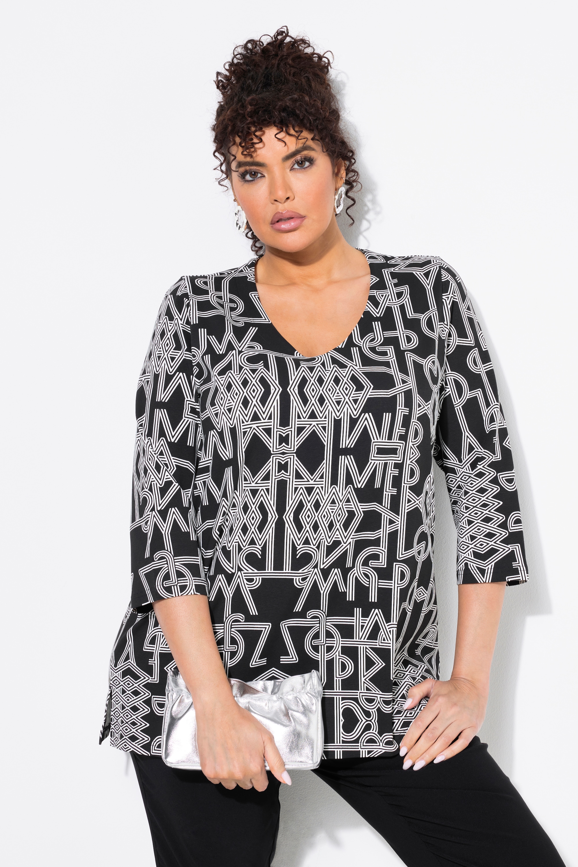 Ulla Popken Damen große Größen T Shirt grafischer Druck V Ausschnitt