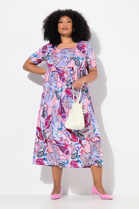 Paisley Square Neck Short Sleeve Knit Swing Dress