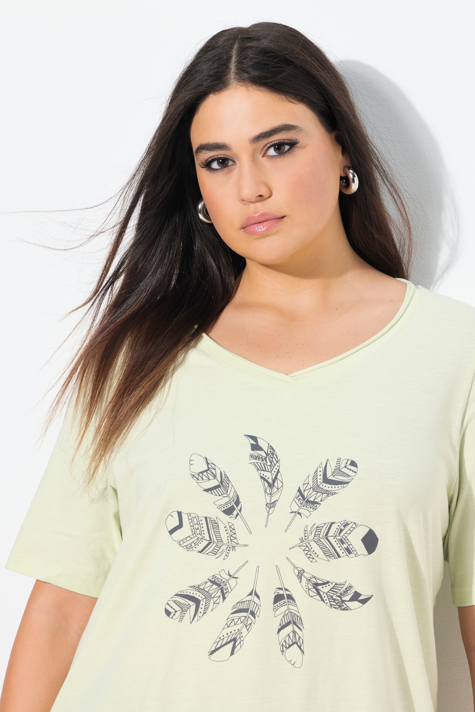Ulla Popken Damen große Größen T Shirt Feder offenkantig V Ausschnitt
