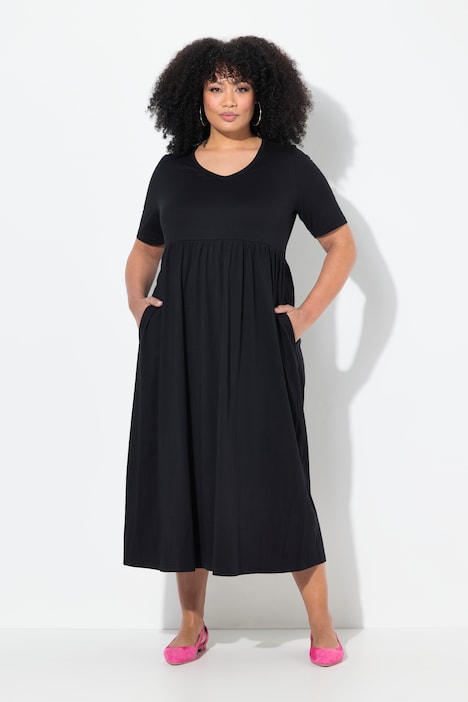 Robe maxi coupe évasée, poches, décolleté en V et manches courtes