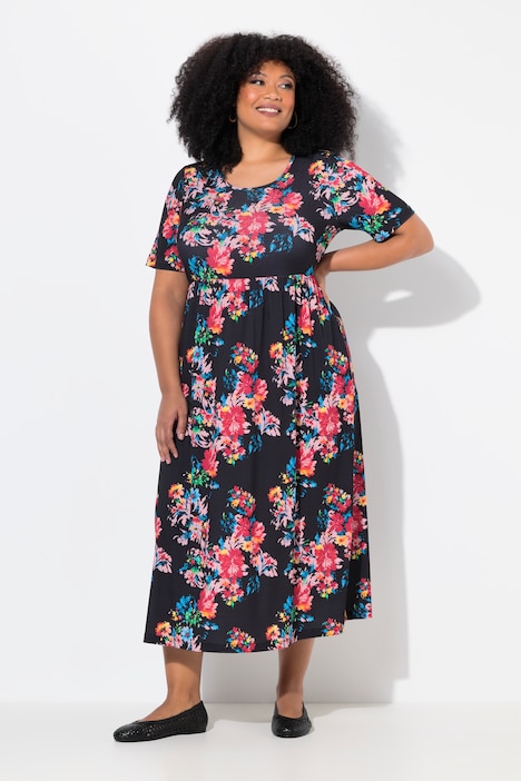 Floral Matte Jersey Round Neck Empire Waist Dress