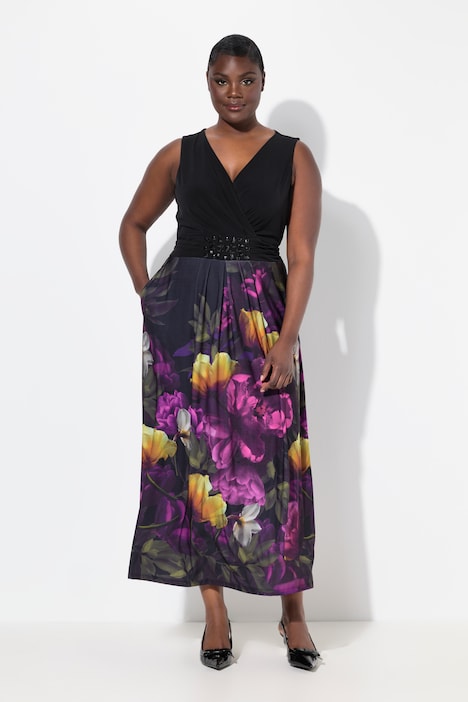 Dark Floral Sleeveless Evening Dress