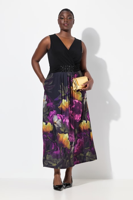 Dark Floral Sleeveless Evening Dress