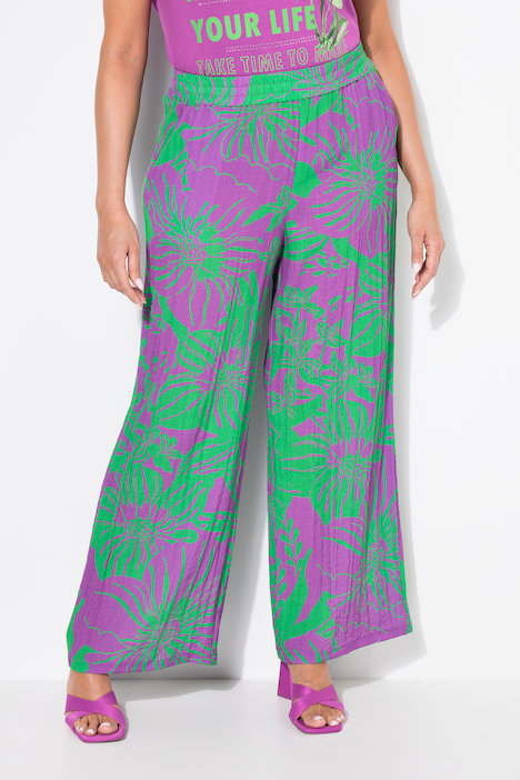 Pantalon motif floral, jambe large et taille élastique