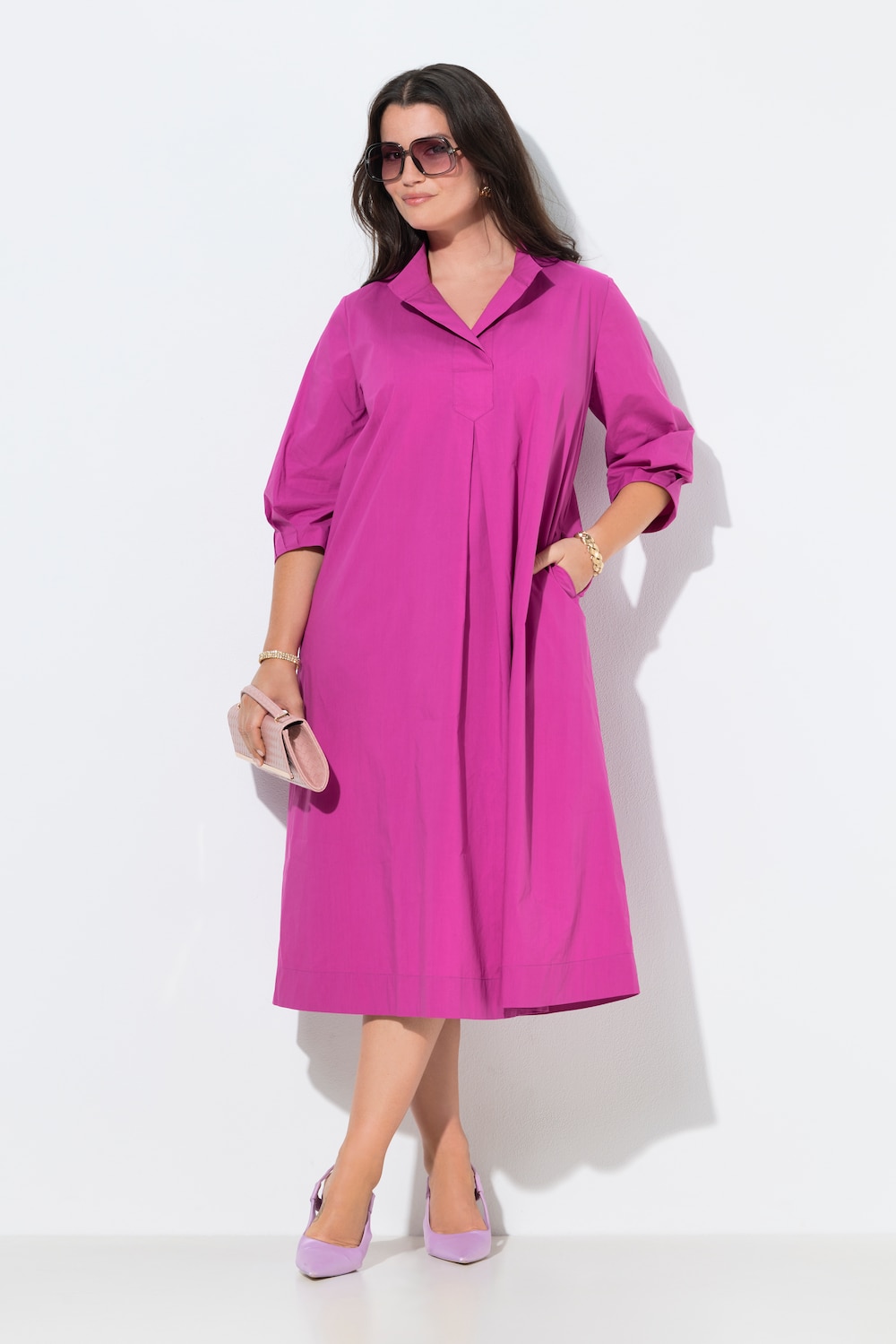 Midikleid, Papertouch, A-Linie, Stehkragen, 3/4-Arm