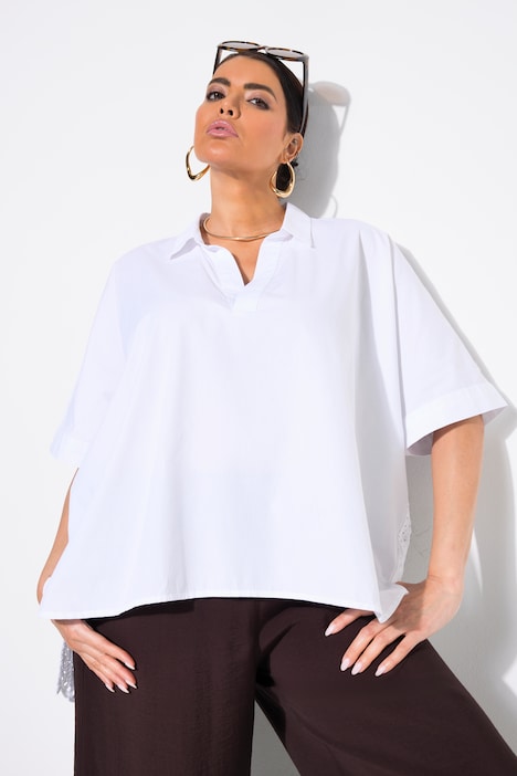 Blouse, opengewerkt borduursel, oversized, overhemdkraag, korte mouwen