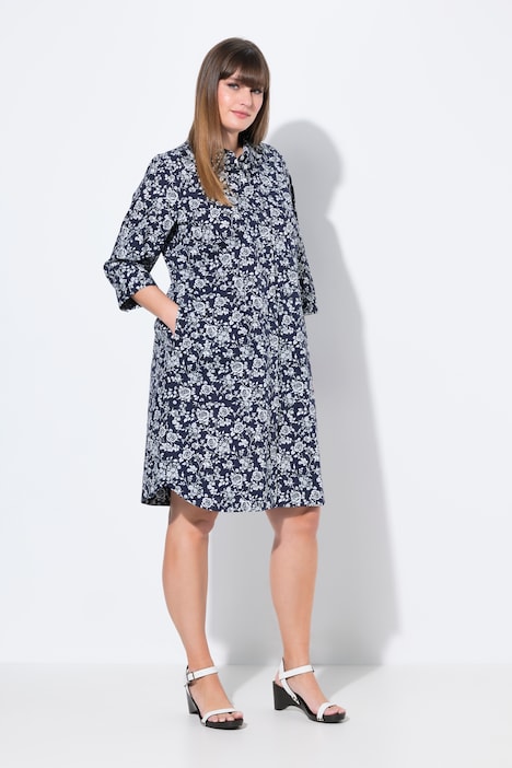 Rose Print 3/4 Sleeve Button Down Shirt Dress