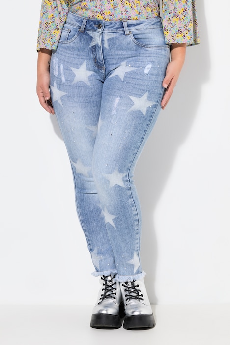 Jeans, Slim Fit, sterren, glittersteentjes, gerafelde zoom