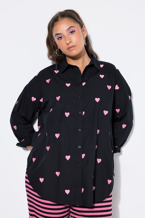Hemdbluse, oversized, Heart-Stick, Langarm