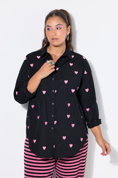 Hemdbluse, oversized, Heart-Stick, Langarm