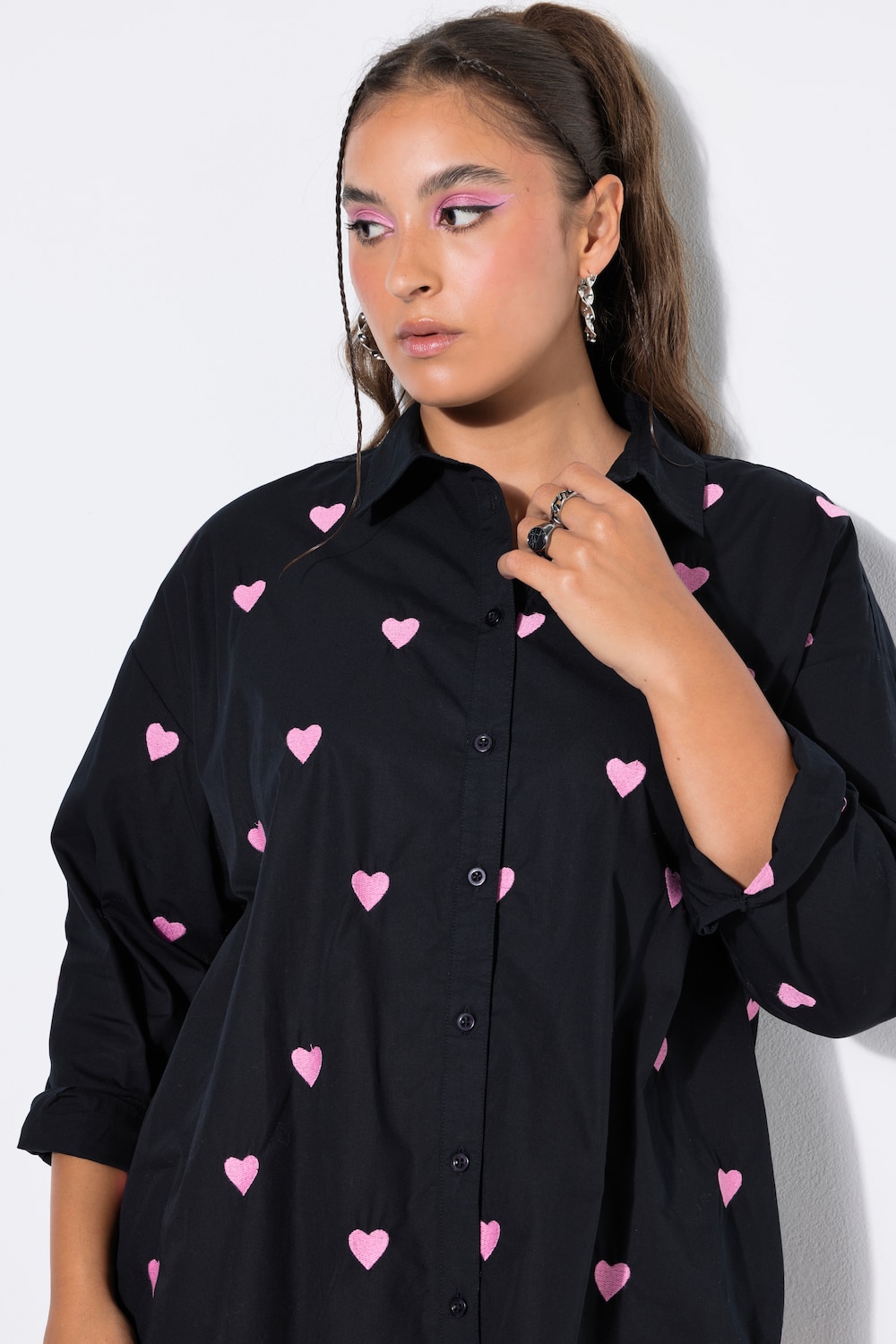 Hemdbluse, oversized, Heart-Stick, Langarm