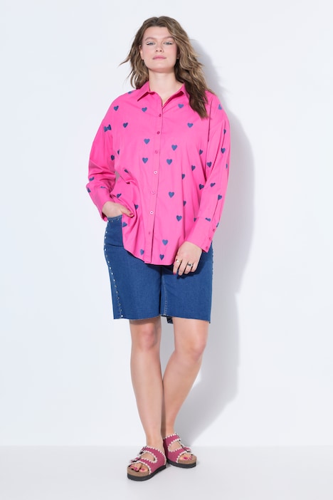 Long-sleeve oversized shirt collar heart embroidery shirt blouse