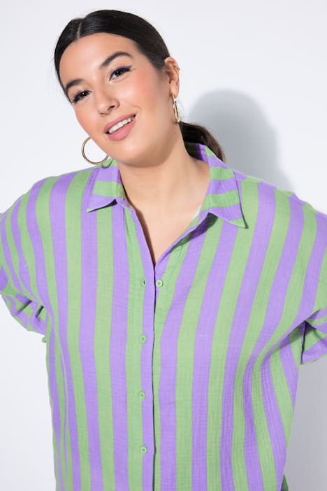 Overhemdblouse, oversized, mousseline, strepen, lange mouw