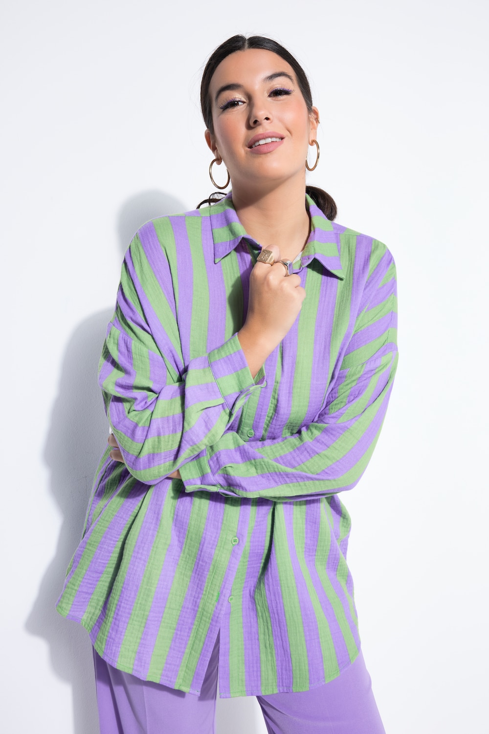 Hemdbluse, oversized, Musselin, Streifen, Langarm