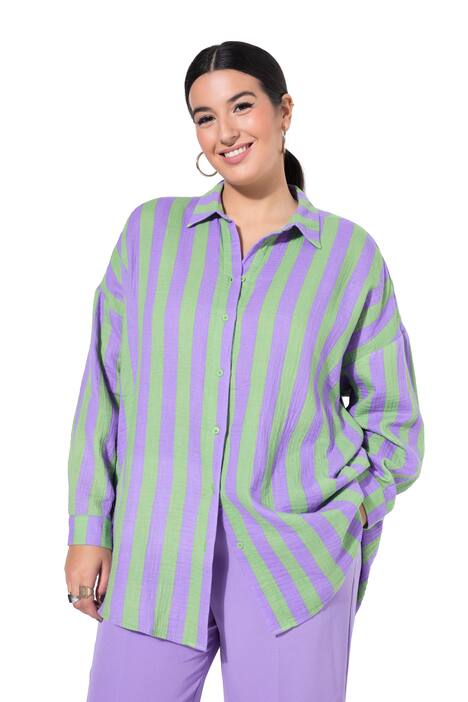 Košilová halenka, oversize, mušelín, pruhy, dlouhé rukávy