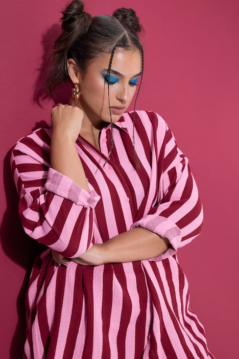 Hemdbluse, oversized, Musselin, Streifen, Langarm