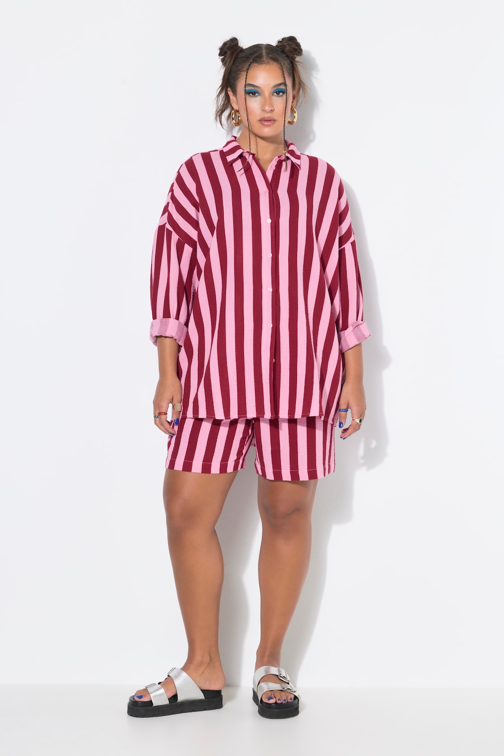Skjortebluse, oversize, muslin, striber, langærmet
