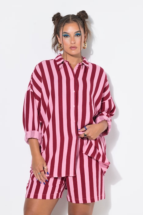 Hemdbluse, oversized, Musselin, Streifen, Langarm