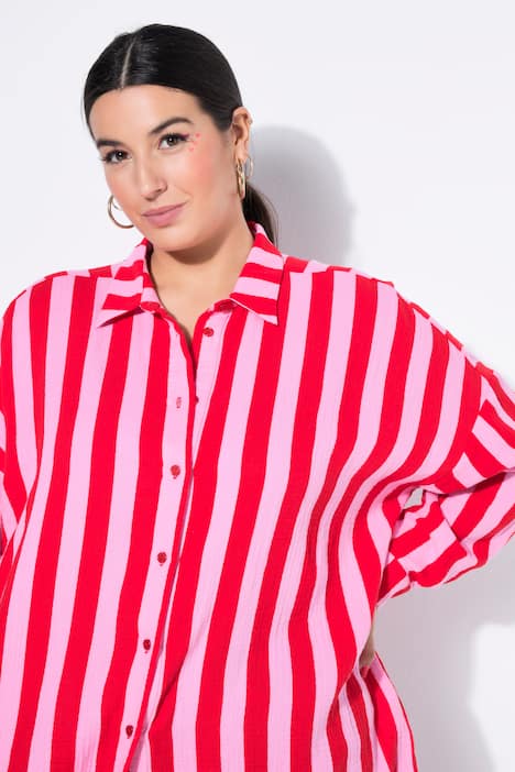 Overhemdblouse, oversized, mousseline, strepen, lange mouw