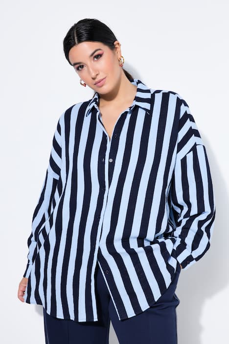 Overhemdblouse, oversized, mousseline, strepen, lange mouw