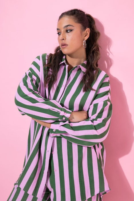 Hemdbluse, oversized, Musselin, Streifen, Langarm