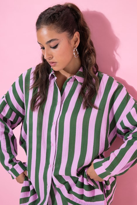 Hemdbluse, oversized, Musselin, Streifen, Langarm
