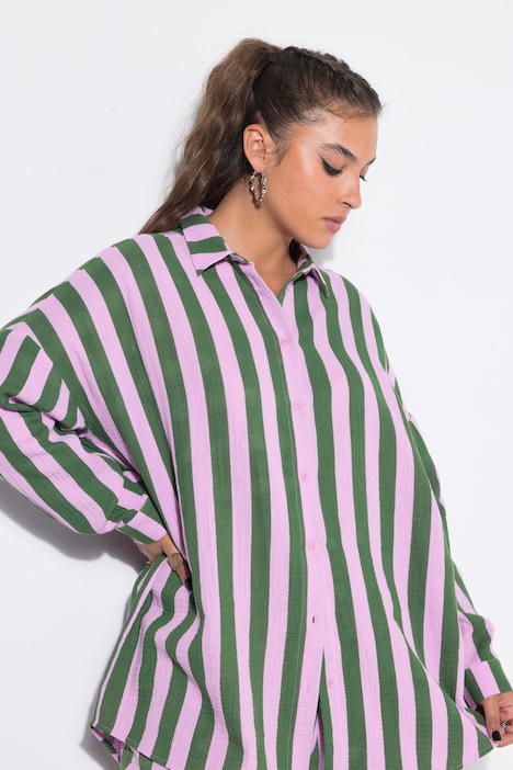 Hemdbluse, oversized, Musselin, Streifen, Langarm