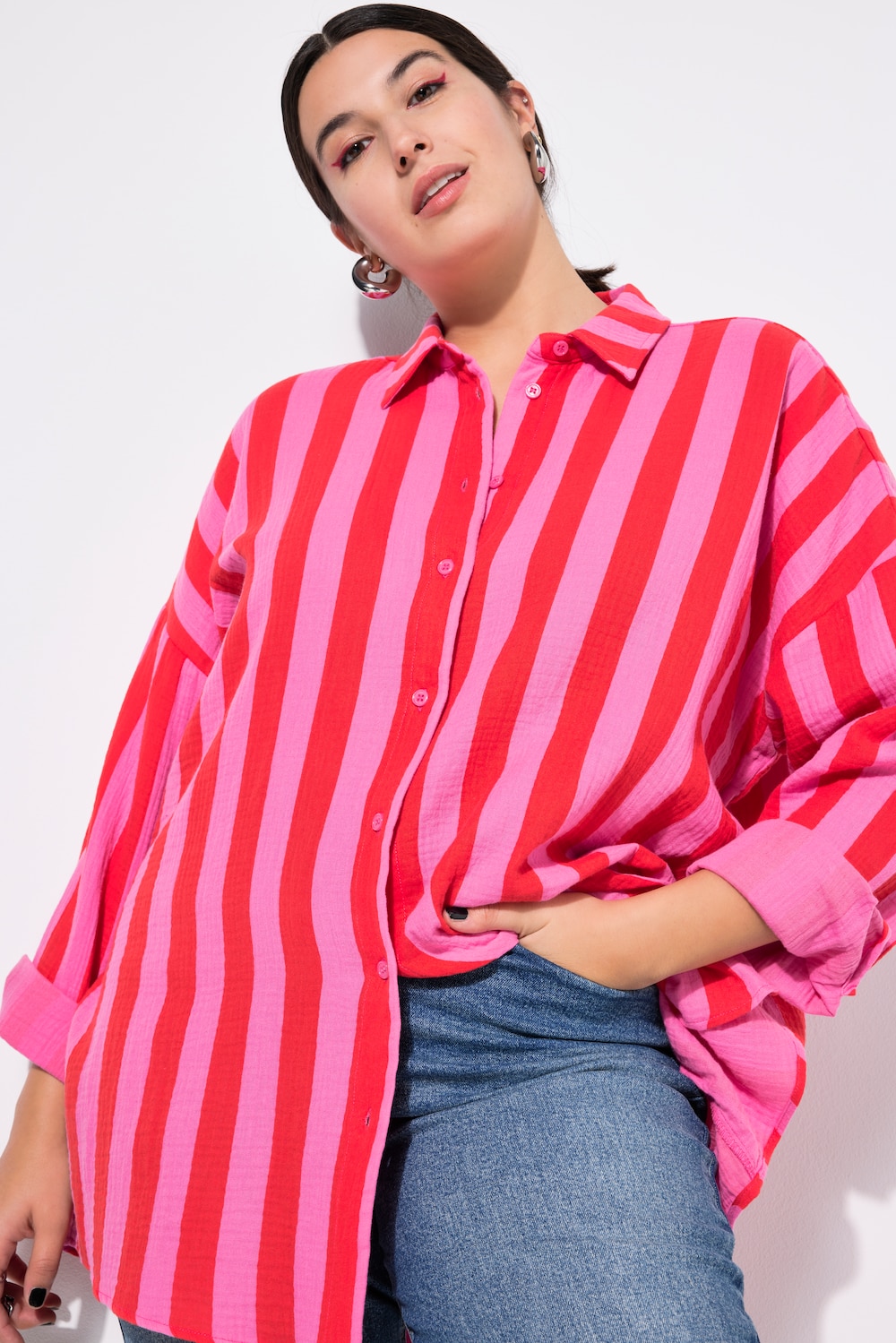 Hemdbluse, oversized, Musselin, Streifen, Langarm