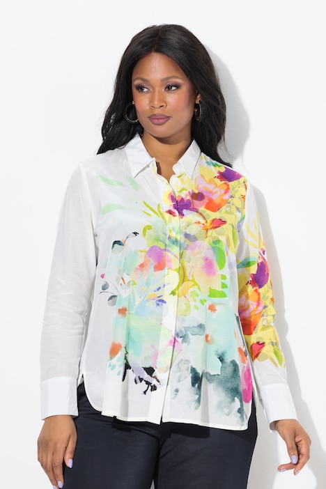 Watercolor Floral Motif Long Sleeve Blouse