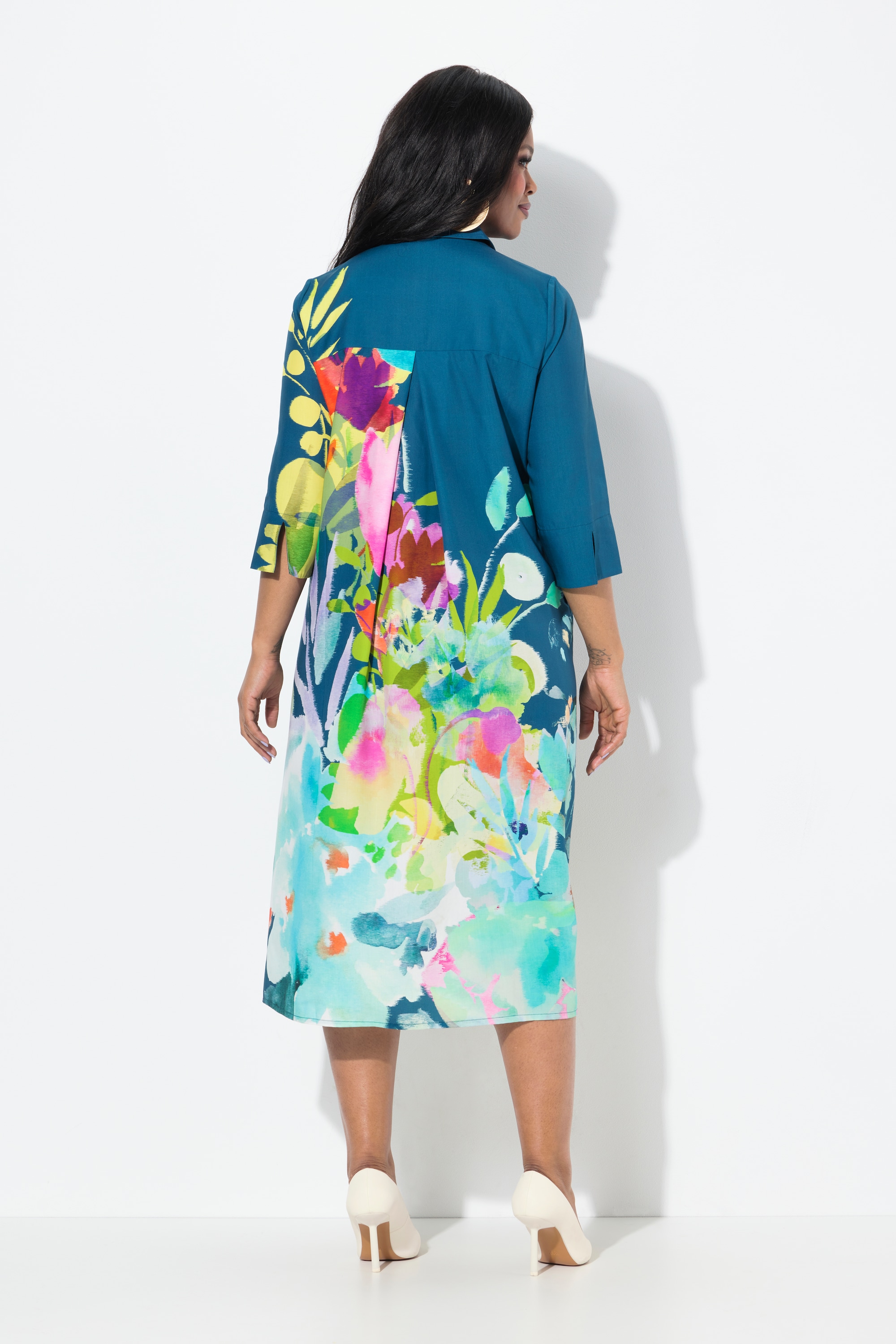 Ulla Popken Damen große Größen Midikleid Blüten A Linie Hemdkragen