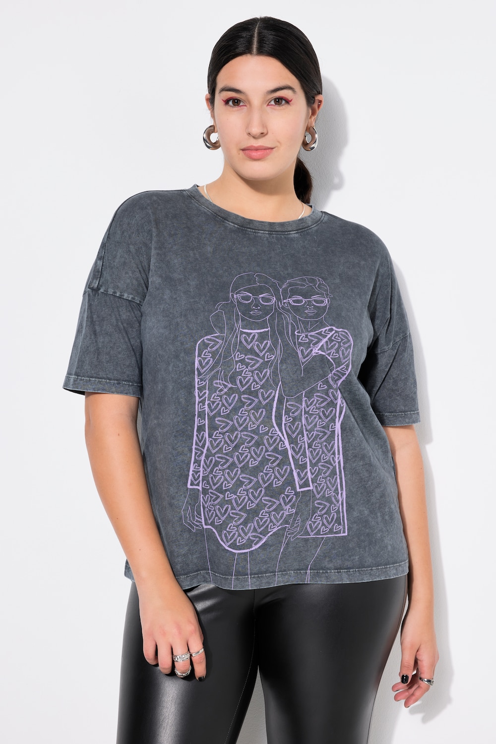 T-Shirt, oversized, Lady-Hearts Print, acid washed