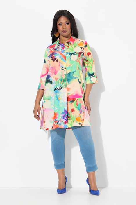 Colorful Floral Print Long Sleeve Button Down Tunic Blouse