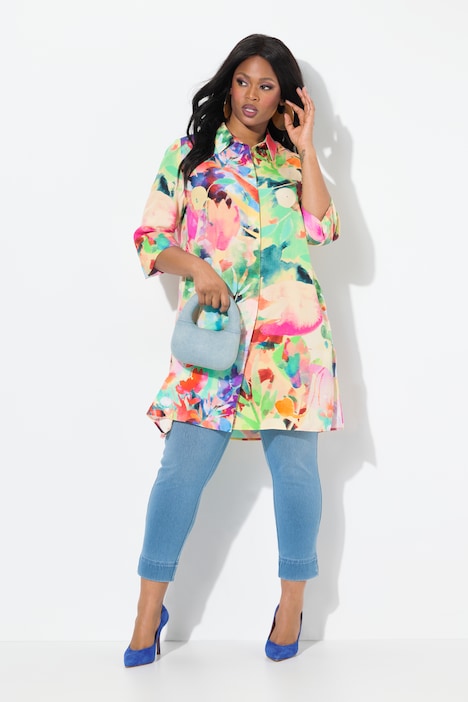 Colorful Floral Print Long Sleeve Button Down Tunic Blouse