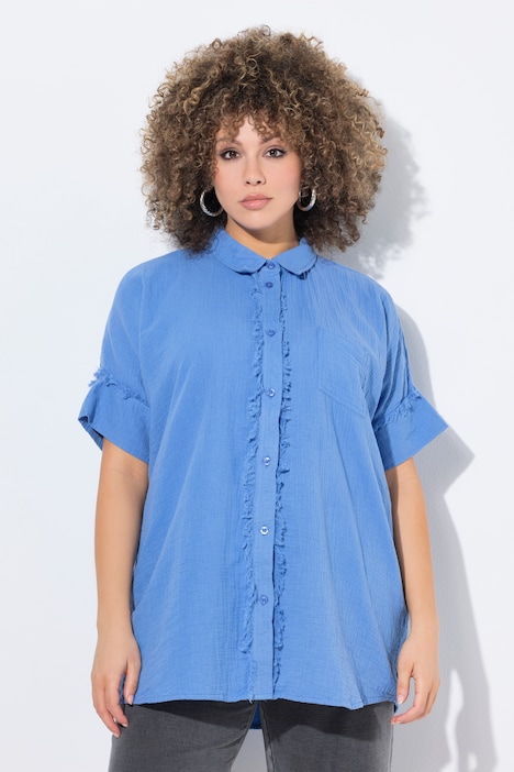 Blusa de muselina, oversize, flecos, cuello camisero, media manga