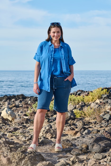 Musselin-Bluse, Oversized, Fransen, Hemdkragen, Halbarm