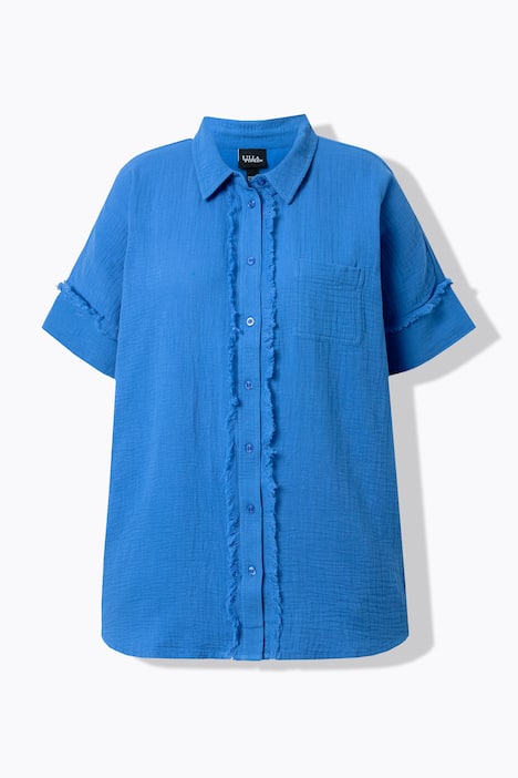 Musselin-Bluse, Oversized, Fransen, Hemdkragen, Halbarm