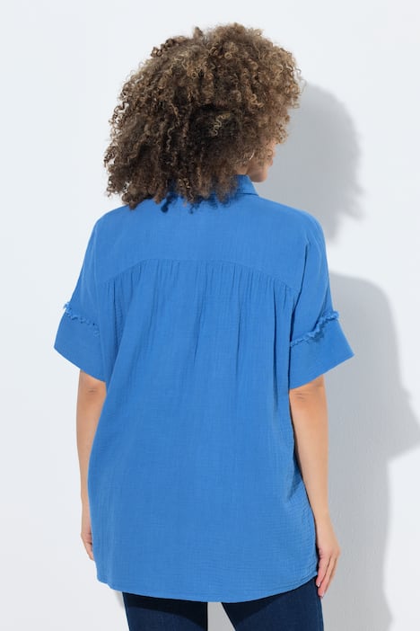 Musselin-Bluse, Oversized, Fransen, Hemdkragen, Halbarm