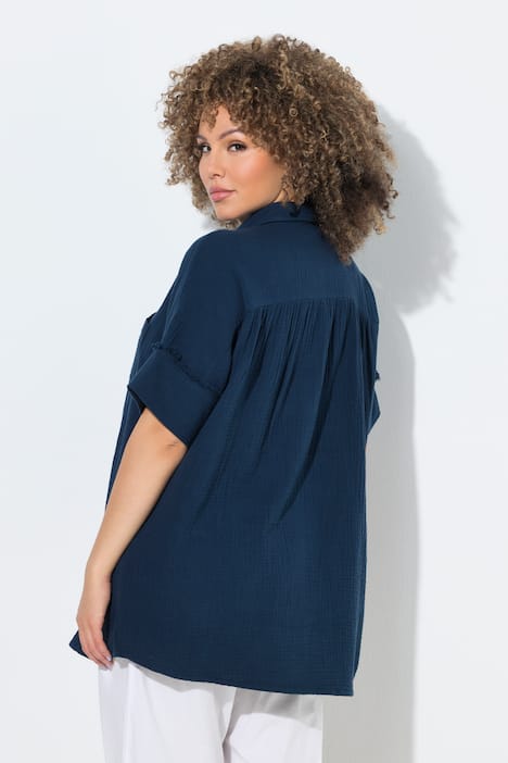Musselin-Bluse, Oversized, Fransen, Hemdkragen, Halbarm