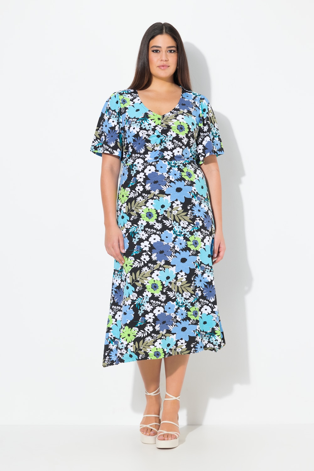 Große Größen Jersey-Midikleid, Damen, schwarz, Größe: 46/48, Baumwolle, Ulla Popken