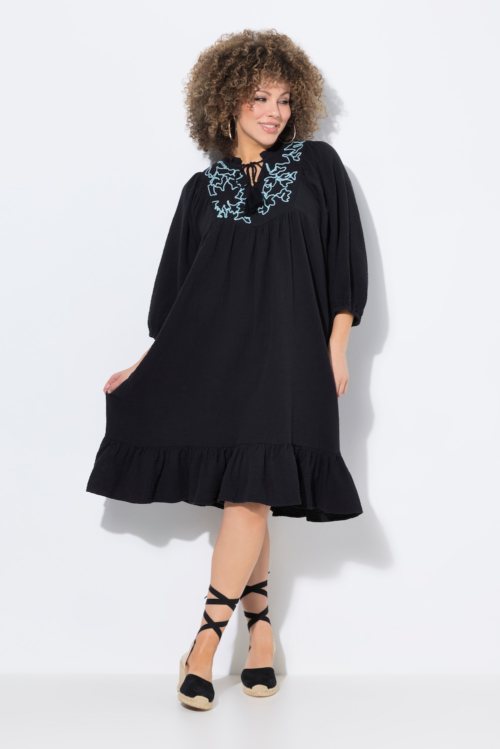 Große Größen Musselin-Kleid, Damen, schwarz, Größe: 50/52, Baumwolle, Ulla Popken